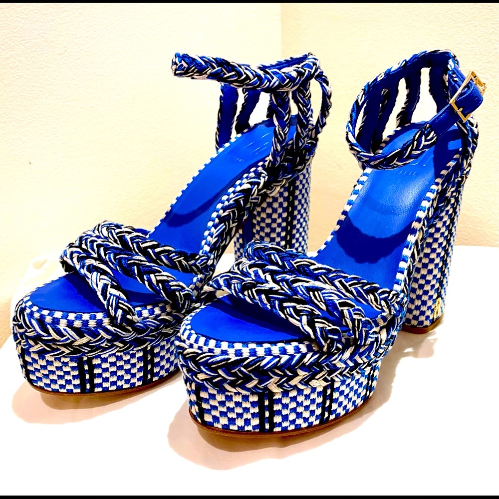 ANATOLIA Paris womens blue woven heels size 38/7.5 NWT